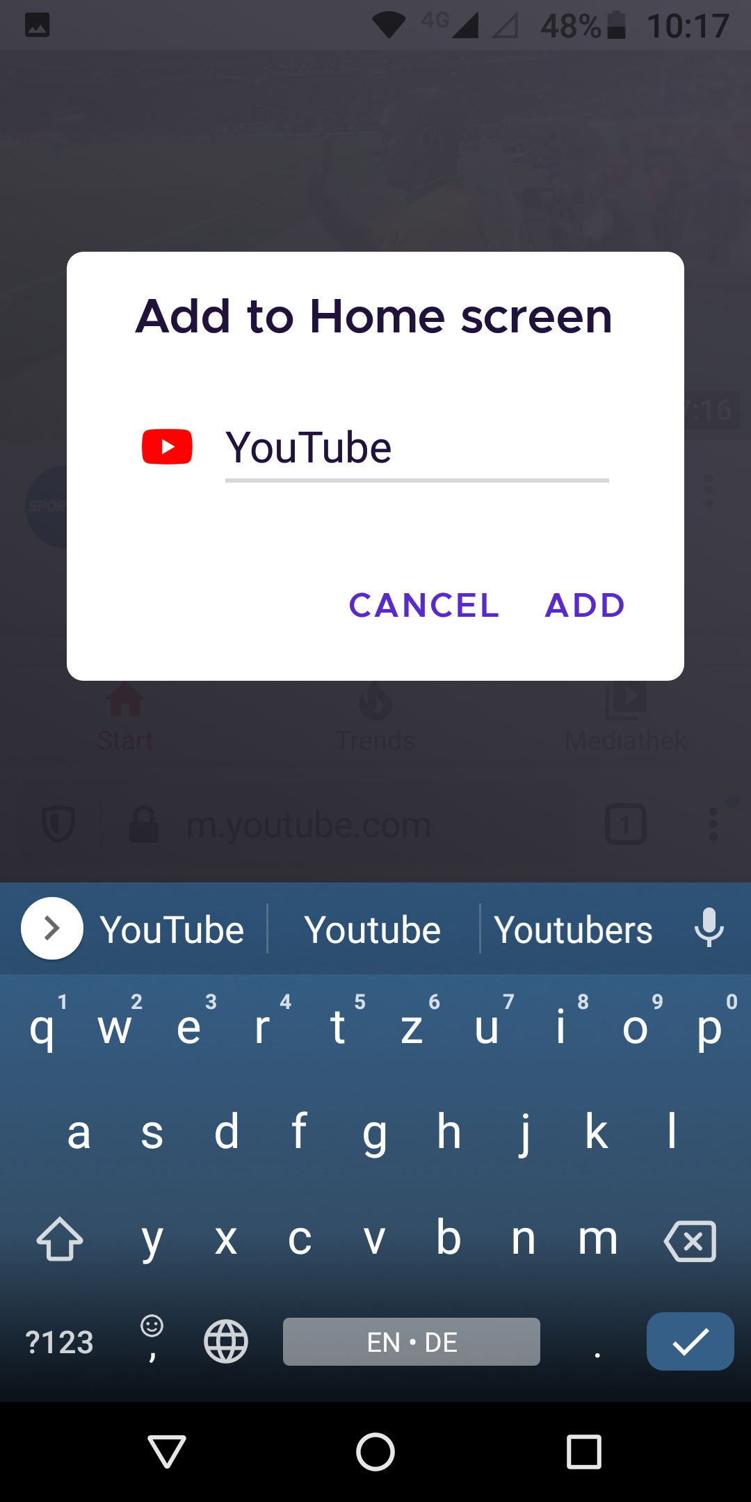 Add a YouTube shortcut to the homescreen