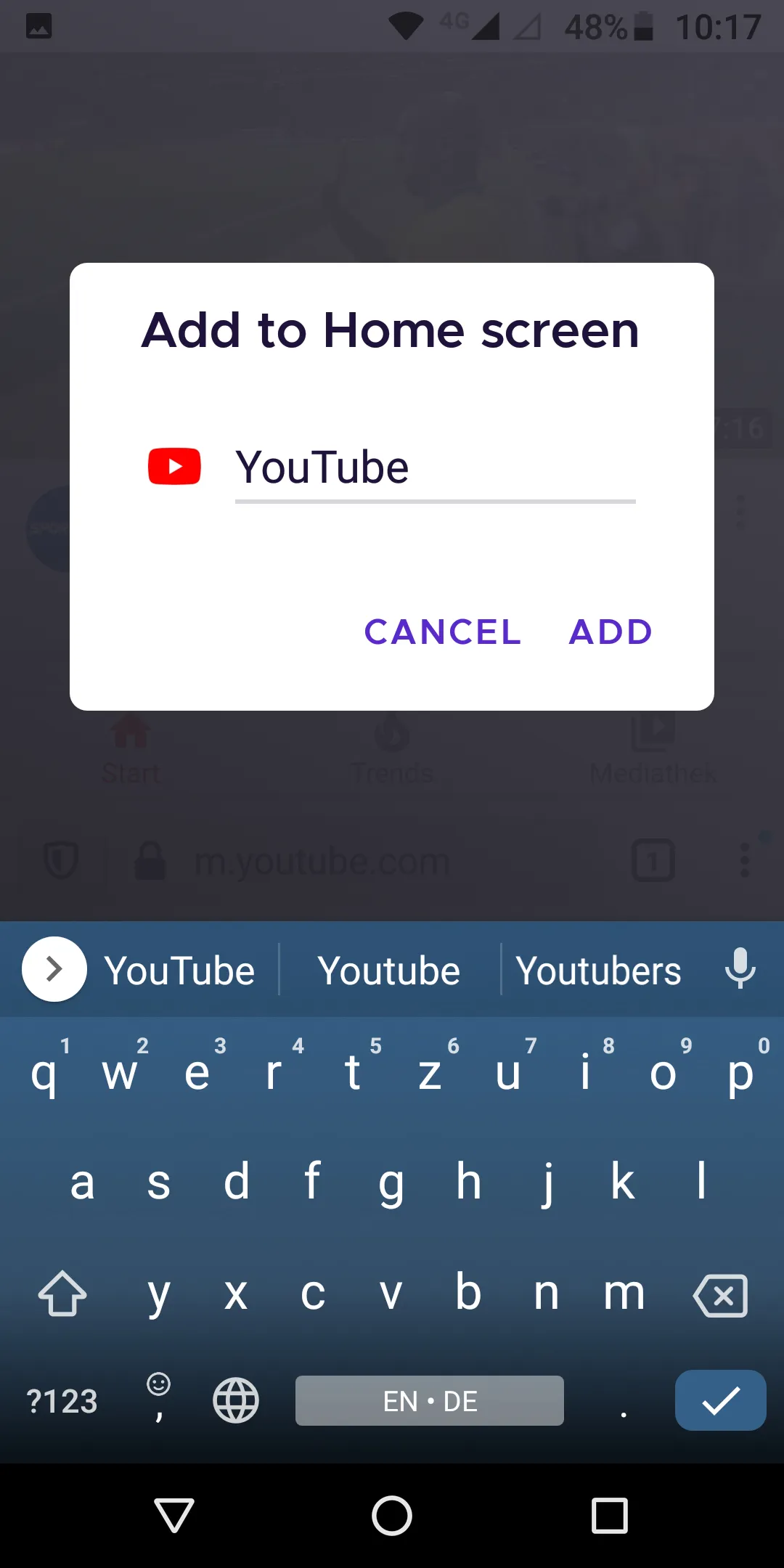 Add a YouTube shortcut to the homescreen